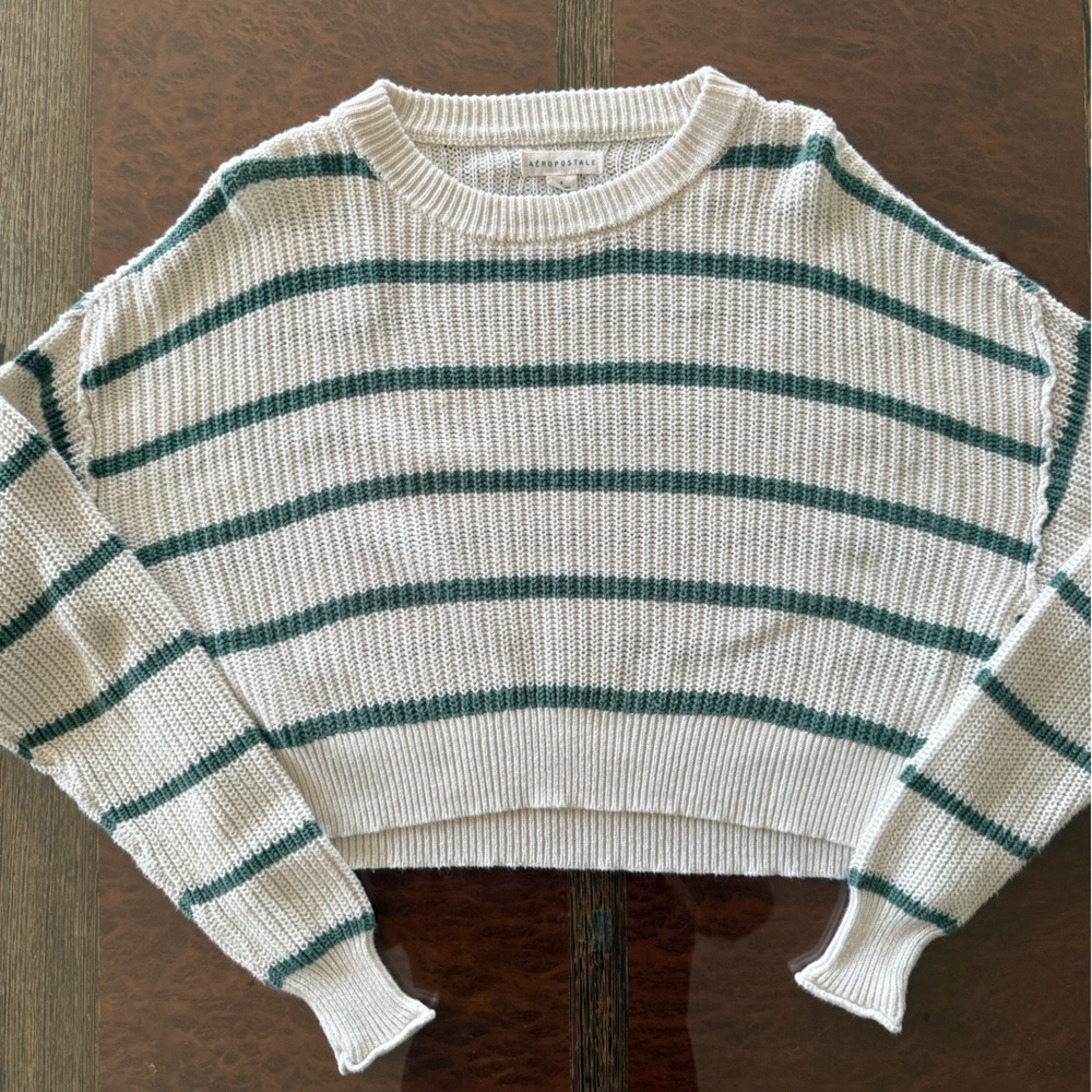 Aeropostale Green and White Striped Knit Sweater